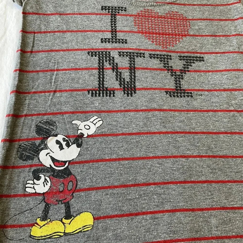 Disney Store Women Shirt XS Gray Striped Logo Scoop Neck Pullover Short Sleeve